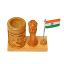 Wooden Pen Holder with Ashok Stambh and National Flag