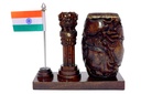 Big7 Stores Wooden Pen Stand with Ashok Stambh and National Flag