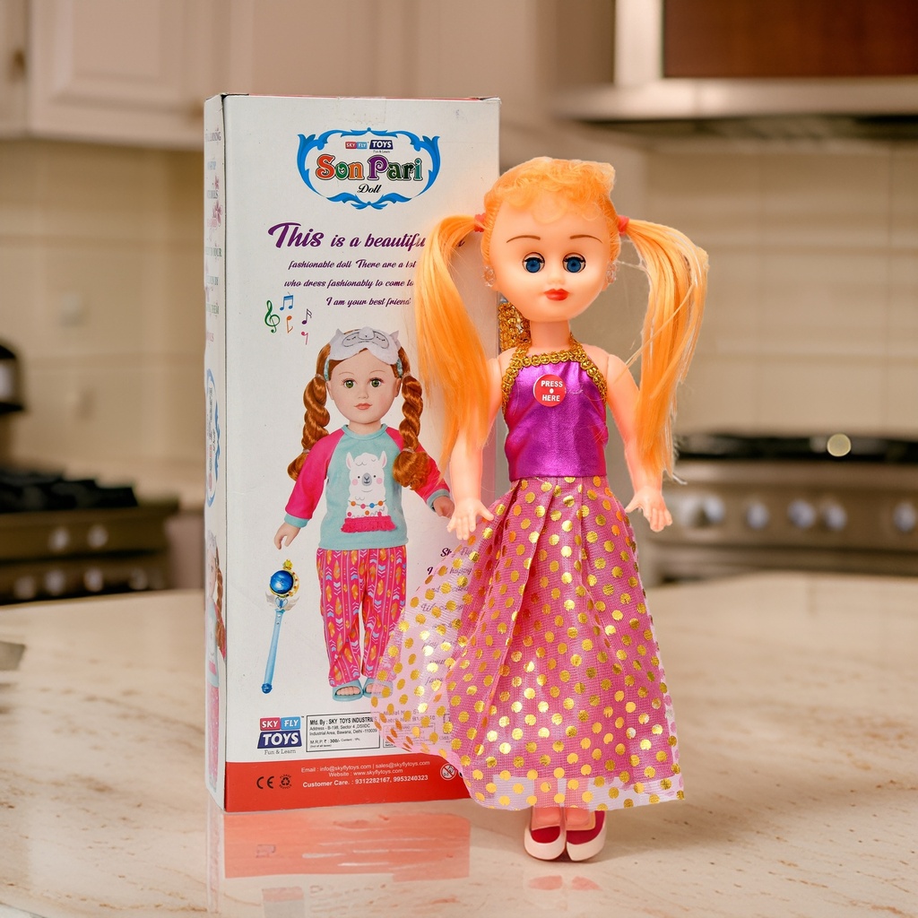 Cute Little Girl Doll for Kids in Printed Skirt Dress Suitable for Kids Age 02 Years & Above