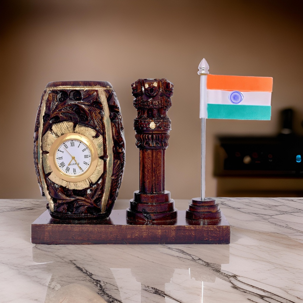 Big7 Stores Wooden Pen Stand with Ashok Stambh, Clock and National Flag