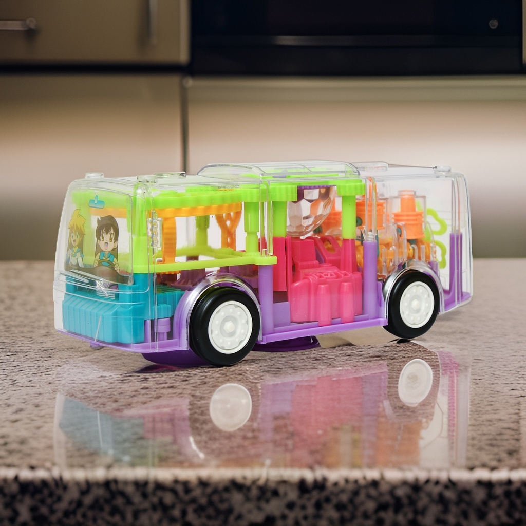 Transparent 3D Bus Toy 360 Degree Rotation, Mechanical Bus Music and Light Toy