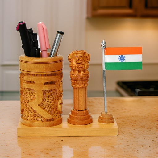 [YW-DSBN-XS5F] Big7 Stores Wooden Pen Holder with Ashok Stambh and National Flag