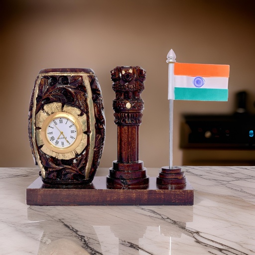 [Pen Stand11-YW-DSBN-XS5F] Big7 Stores Wooden Pen Stand with Ashok Stambh, Clock and National Flag